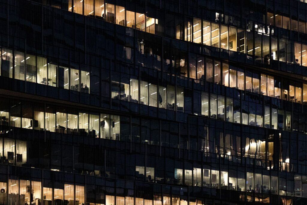 Exterior of an office building late at night.