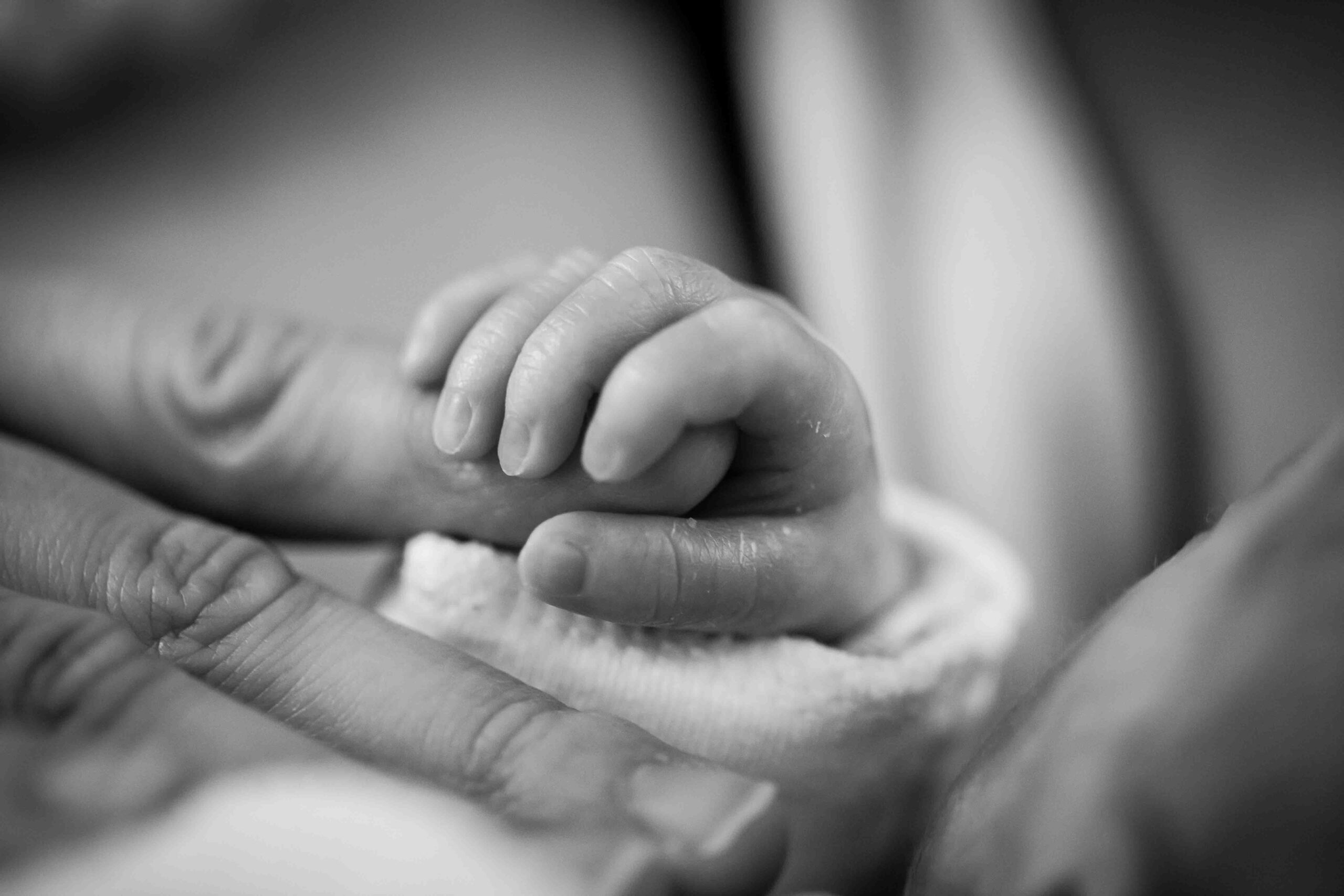 A baby’s hand holding an adult’s finger